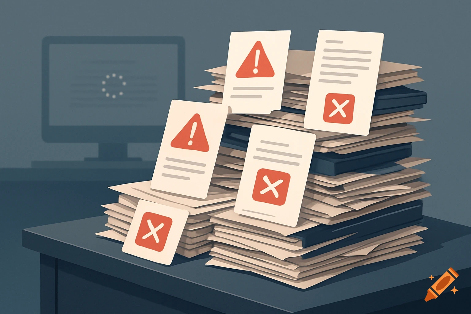 Illustration of stacks of paper files with red error icons (exclamation marks, crosses) on a desk, a blurry monitor in the background showing a loading symbol, representing inefficient document workflows.