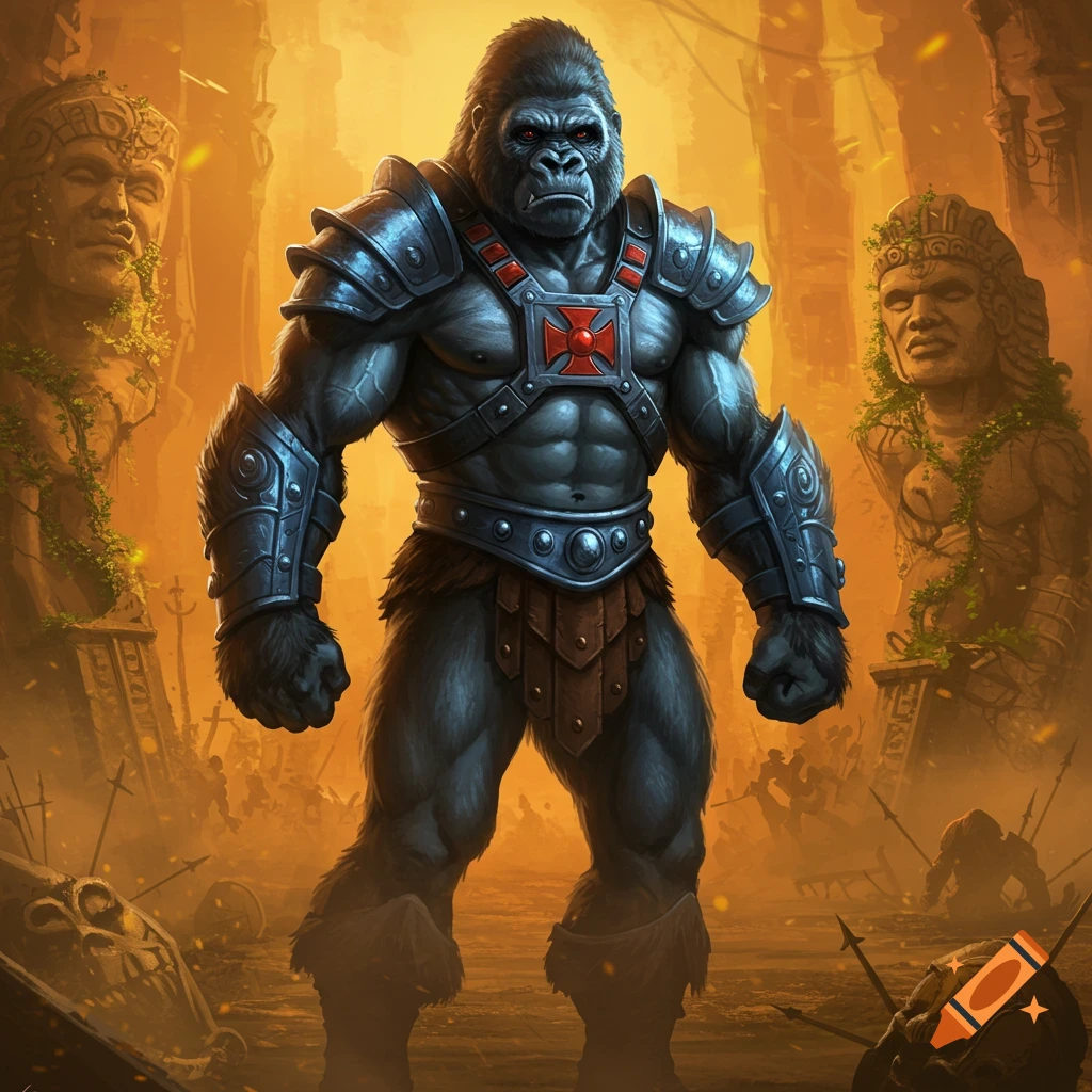 A muscular, armored gorilla warrior stands defiantly amidst golden-lit ancient ruins and a battlefield.