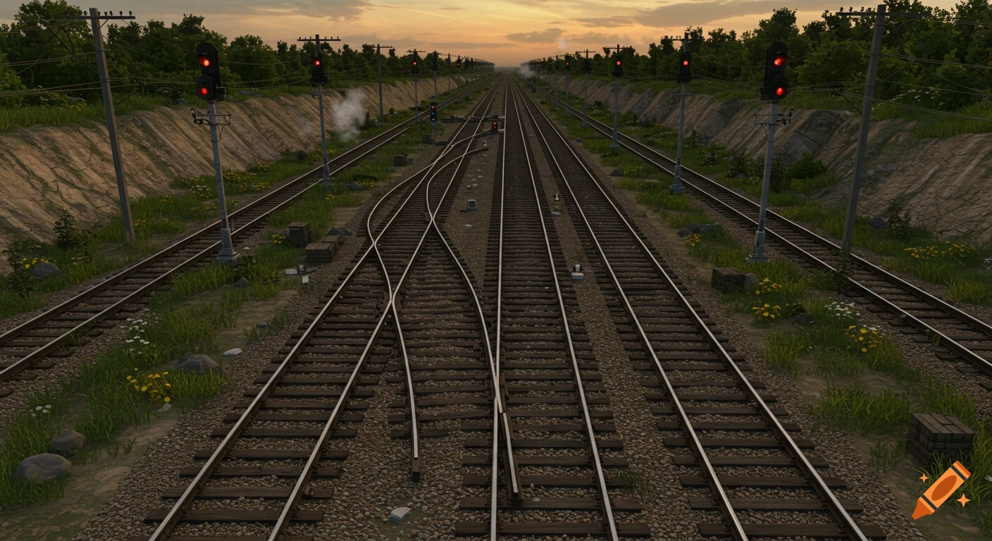 Multiple train tracks diverge and converge in a railway yard at sunset, flanked by green hills and red signal lights.