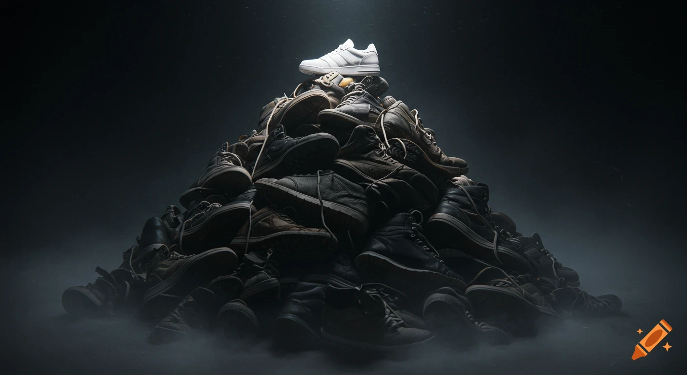 A single pristine white sneaker sits atop a dark mountain of old, worn-out shoes, dramatically lit against a shadowy, misty background.