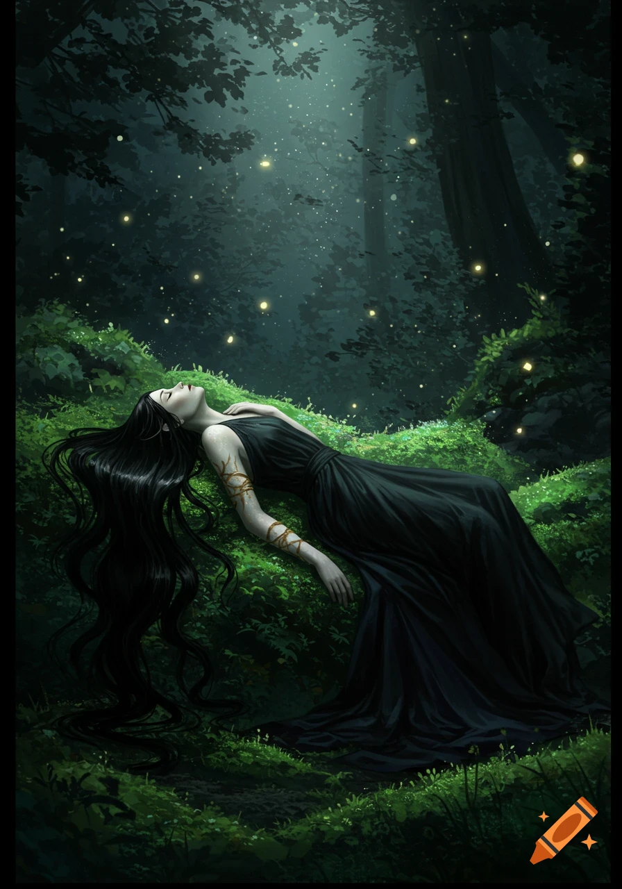 A dark-haired woman in a black dress lies on moss in an enchanting forest, illuminated by glowing particles.