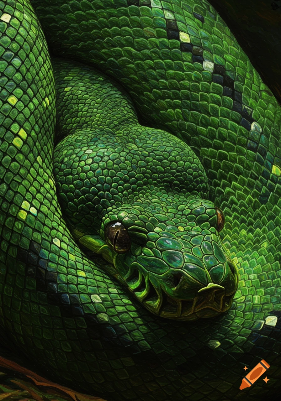 Close-up of a vibrant green snake coiled, showing its head and detailed textured scales.