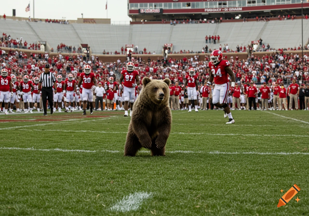 A brown bear stands on a green football field during a game, with football players in red uniforms and a referee in the background.