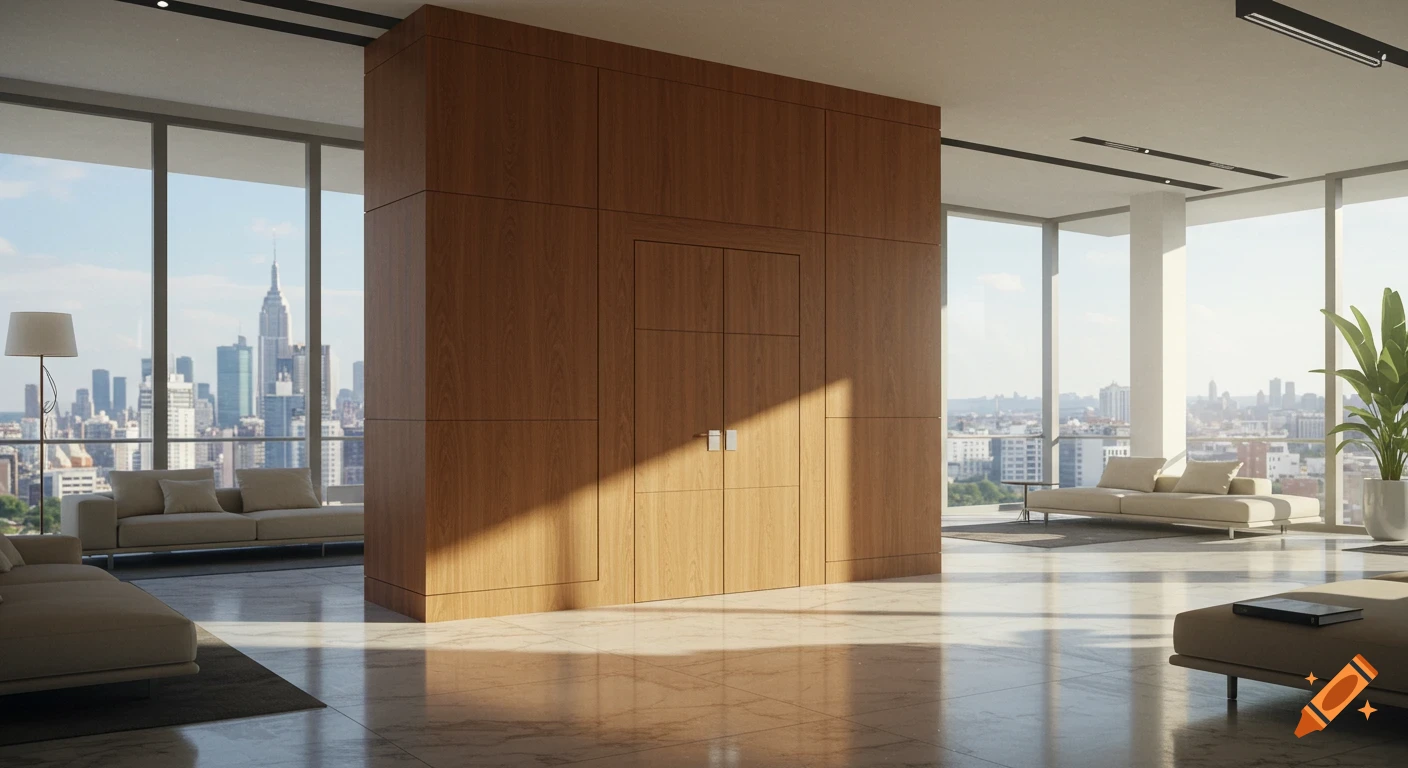 A modern open-plan lounge featuring wood veneer wall panels, minimalist sofas, and floor-to-ceiling windows with a panoramic city view.