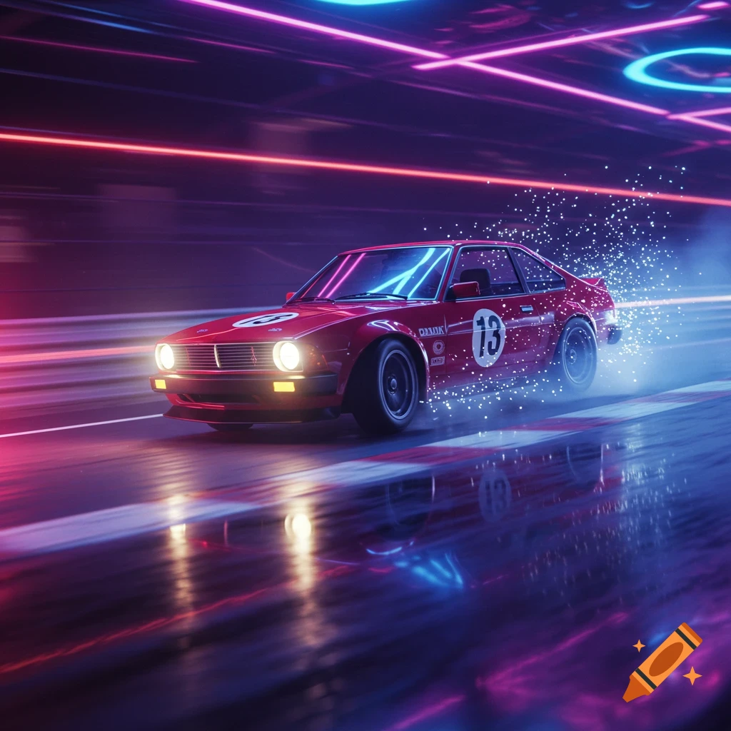 Red race car with number 13 speeds through a neon-lit tunnel, leaving light trails and reflections on the wet road.