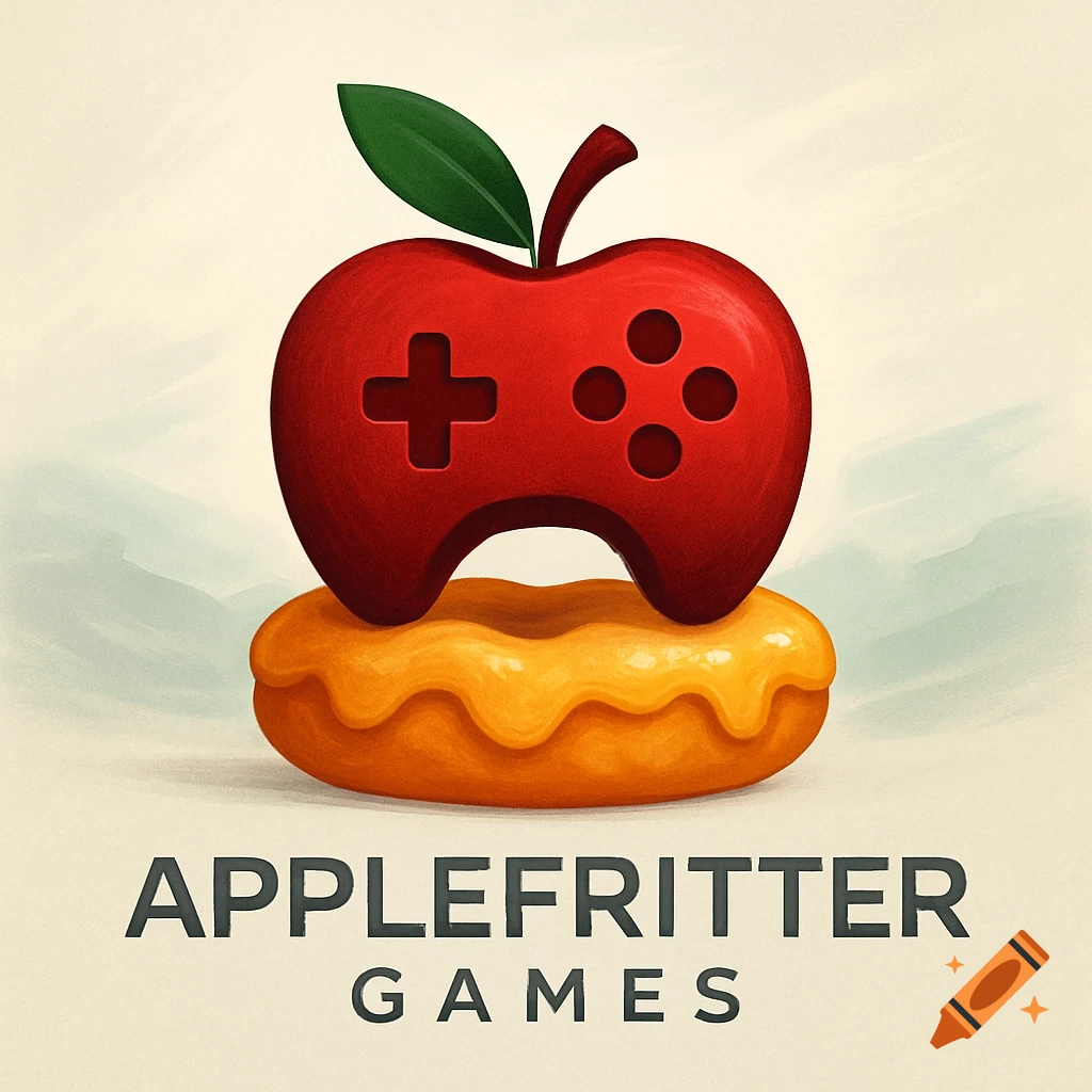 Logo featuring a red apple shaped game controller atop a glazed donut, with 'APPLEFRITTER GAMES' text below.
