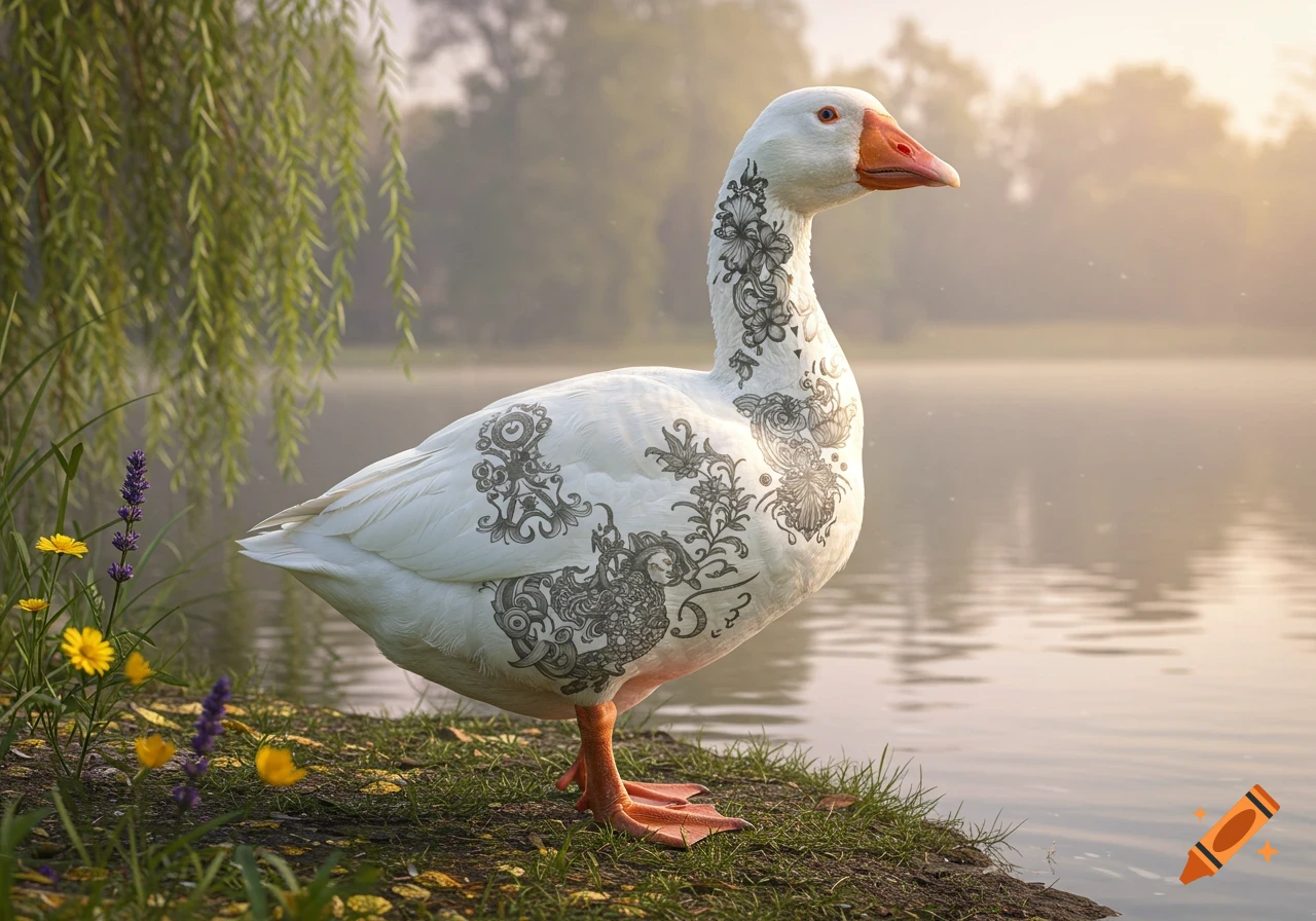 A white goose with intricate black decorative tattoos stands by a misty lake, with green foliage and small flowers nearby.