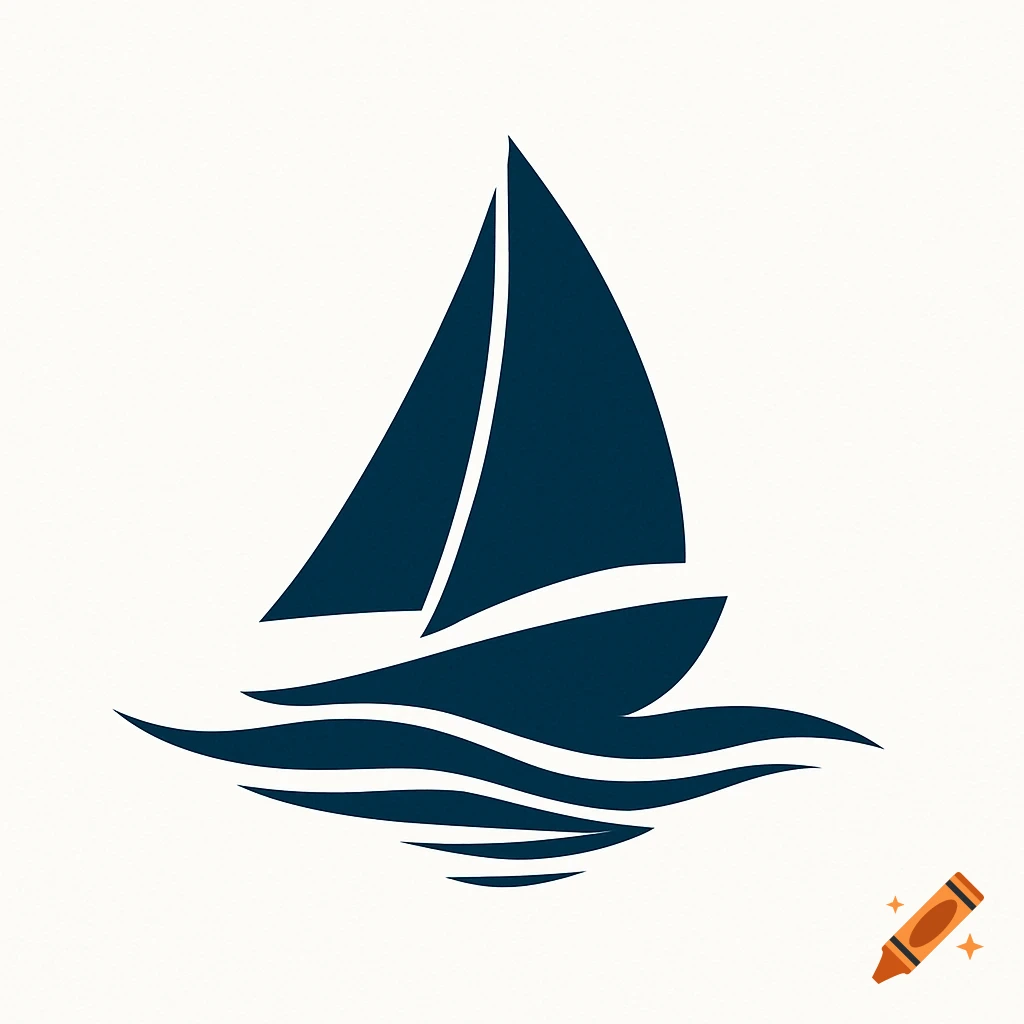 Minimalist dark blue sailboat logo with stylized waves on a light background.