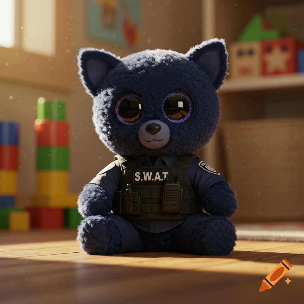 Dark blue fluffy Beanie Boo-style bear wearing a SWAT vest, sitting on a wooden floor in a bright child's room with toys.