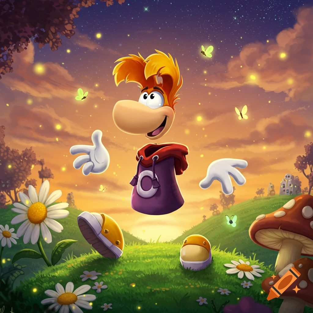 A smiling Rayman floats in a whimsical fantasy landscape at sunset, surrounded by fireflies, daisies, and mushrooms.