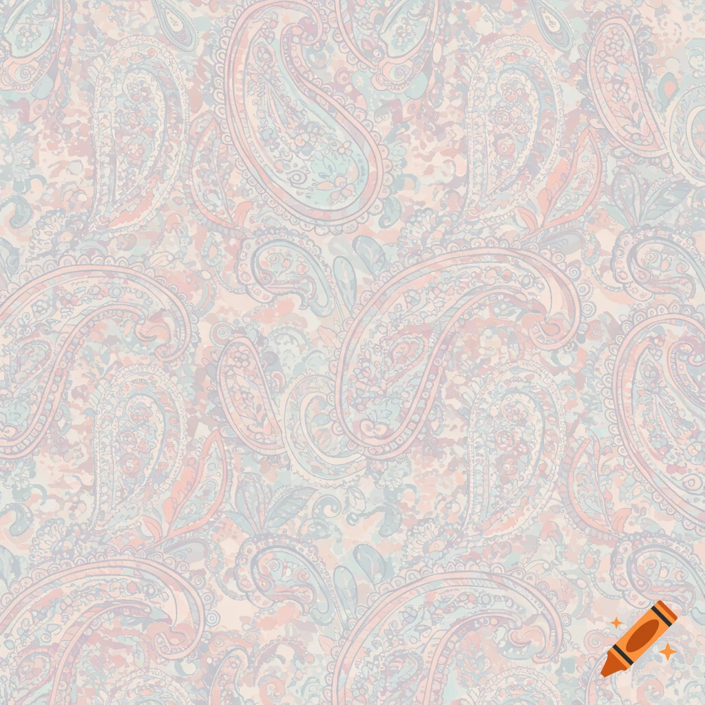 A seamless paisley pattern in soft pastel shades of light blue, pink, and beige, with intricate swirling motifs.
