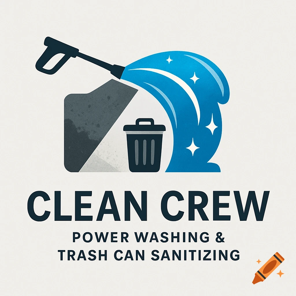 A logo for 'Clean Crew' showing a power washer cleaning a dirty surface next to a trash can, with text 'Power Washing & Trash Can Sanitizing'.