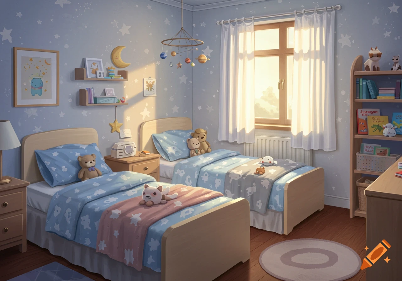 A pastel illustration of a cozy children's bedroom with two twin beds, stuffed animals, a bookshelf, and a window with sunlight streaming in.