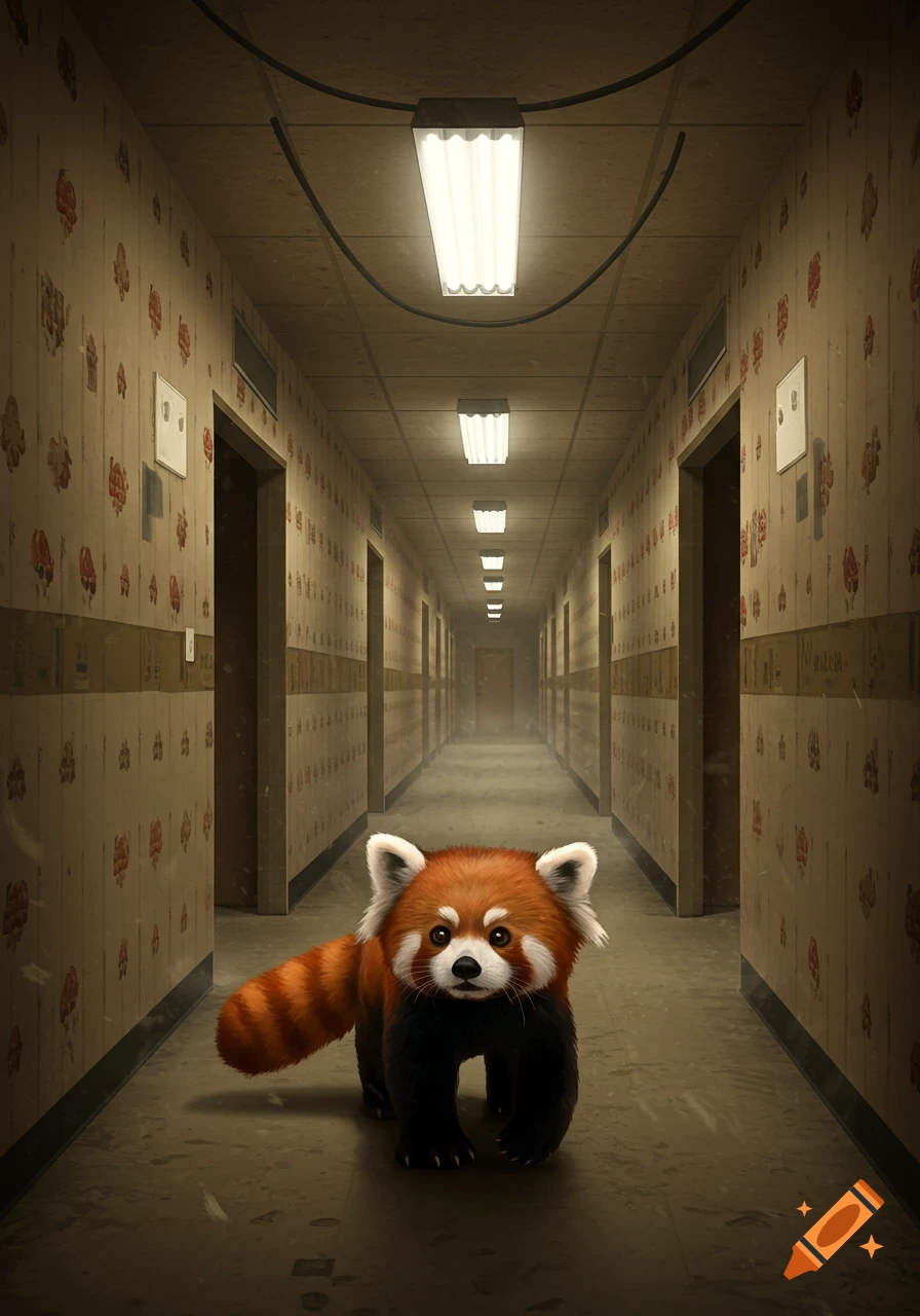 A red panda walks down a long, dimly lit hallway with patterned wallpaper and fluorescent lights, rendered in digital art.