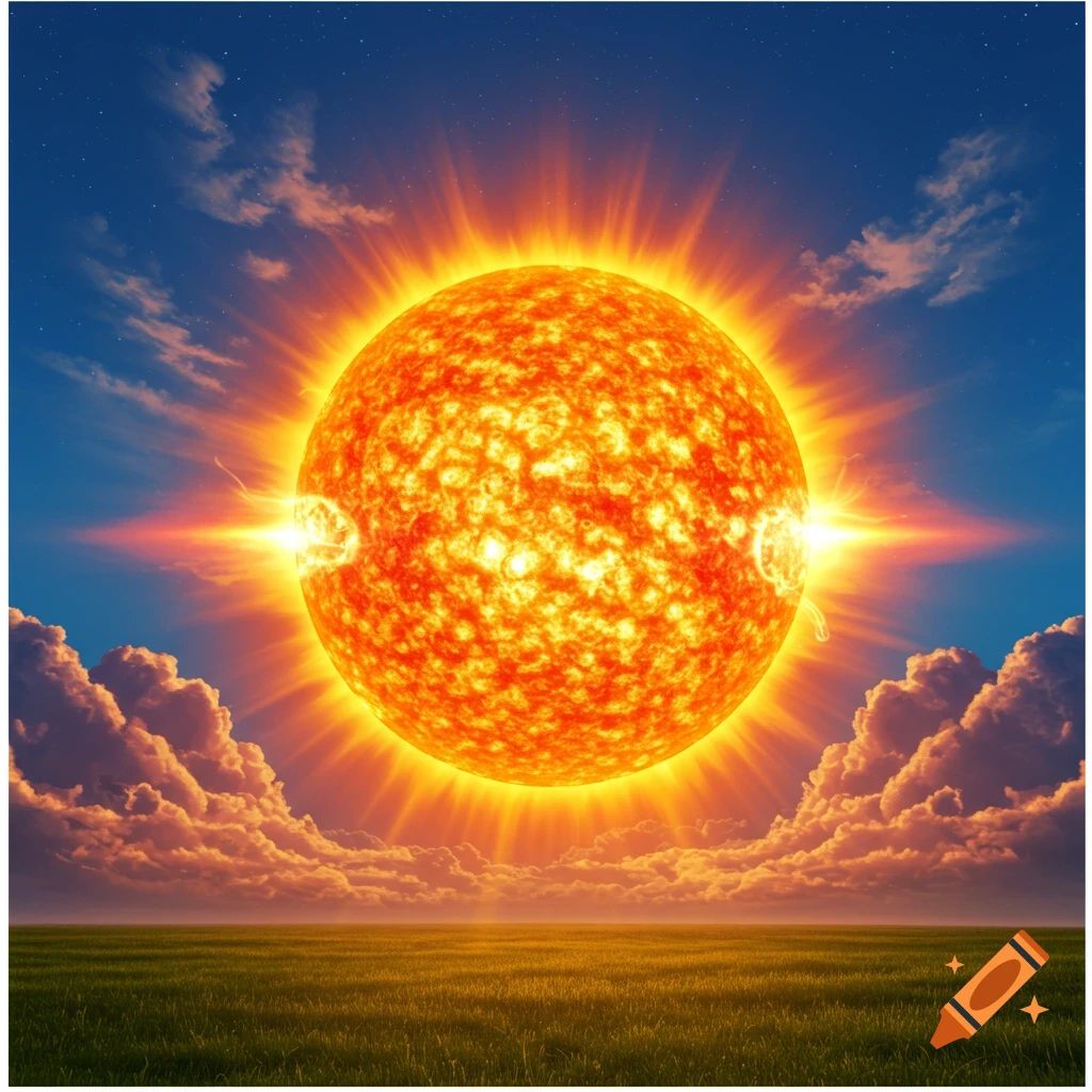 A giant, fiery sun glowing brightly over a grassy field under a vibrant blue and orange sky with clouds.