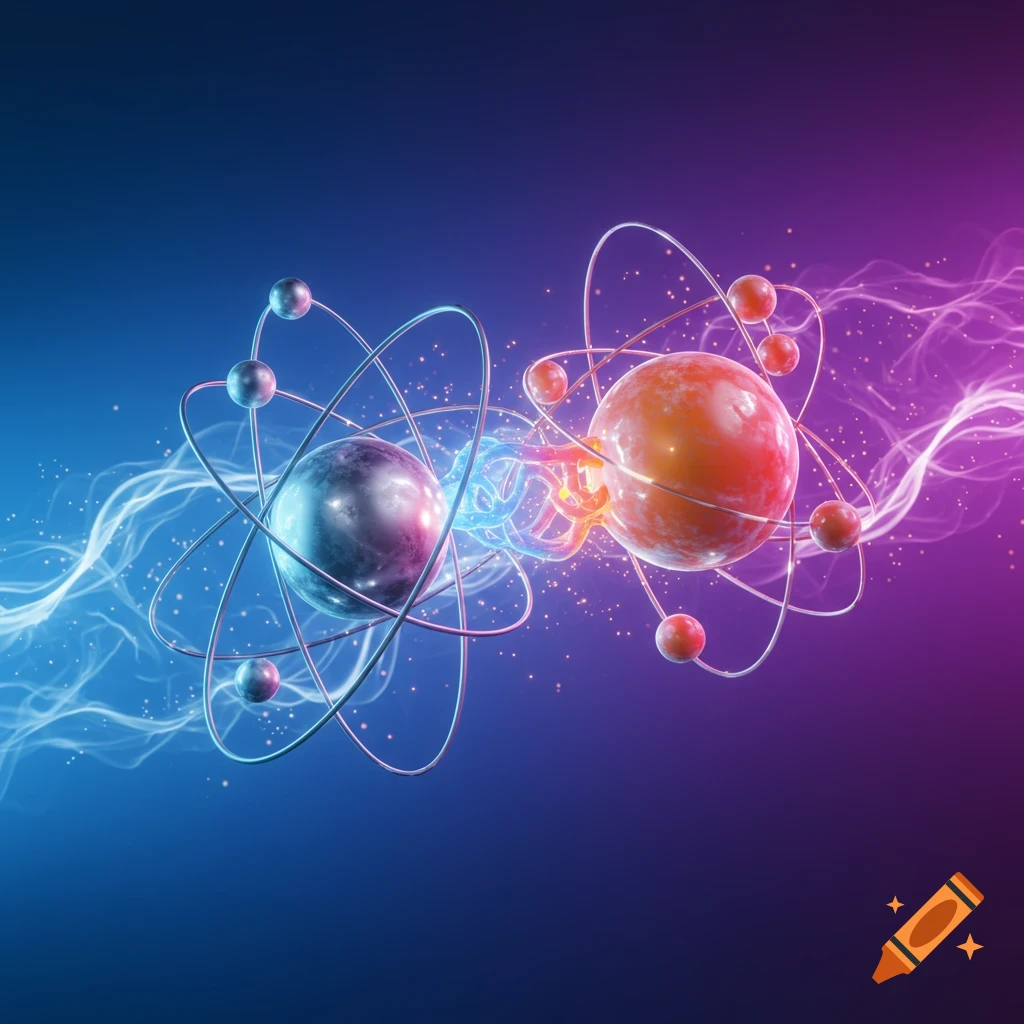 Two stylized atoms, one blue and one red, interact with glowing energy against a gradient blue and purple background.