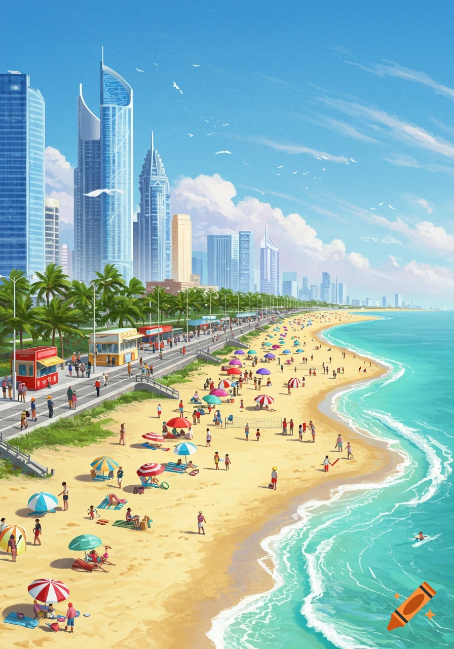 Vibrant illustration of a bustling beach next to a city, with people, colorful umbrellas, and clear blue ocean waves.
