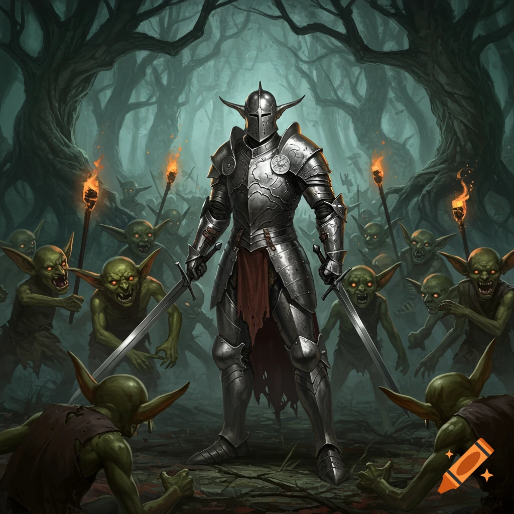 A knight in shining armor wielding two swords confronts a horde of green goblins in a dark, ominous forest.