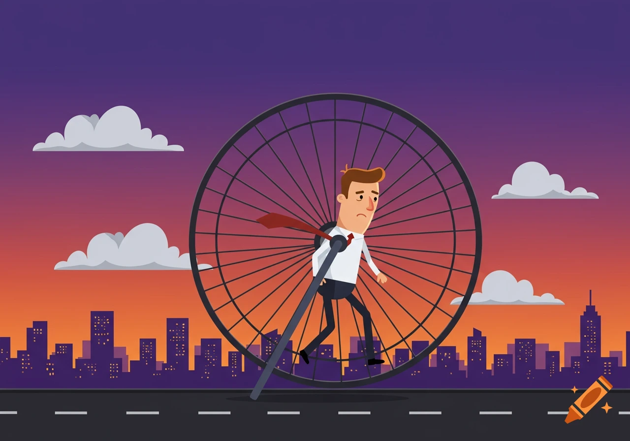 Cartoon of a sad office worker running in a giant hamster wheel on a road with a city skyline at sunset.
