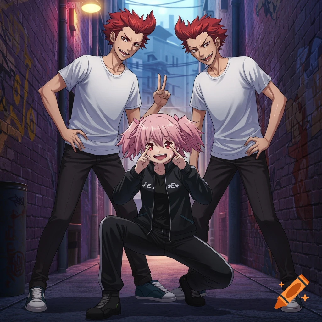 Three anime characters in an alleyway with graffiti. Two red-haired boys stand, while a pink-haired girl crouches, making a playful face.