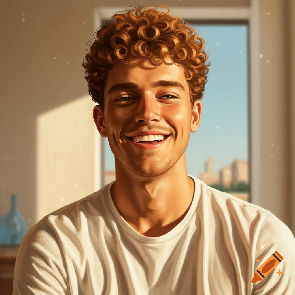 Photorealistic portrait of a smiling young man with curly red-brown hair wearing a white t-shirt, indoors with a window and city view.