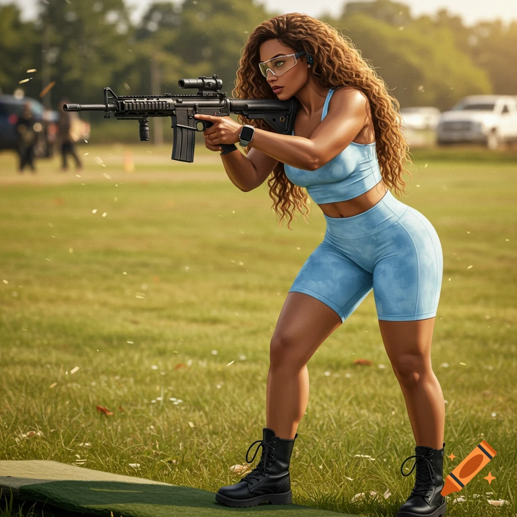 Semi-realistic digital illustration of a woman in a blue crop top and shorts aiming a tactical rifle at an outdoor range.