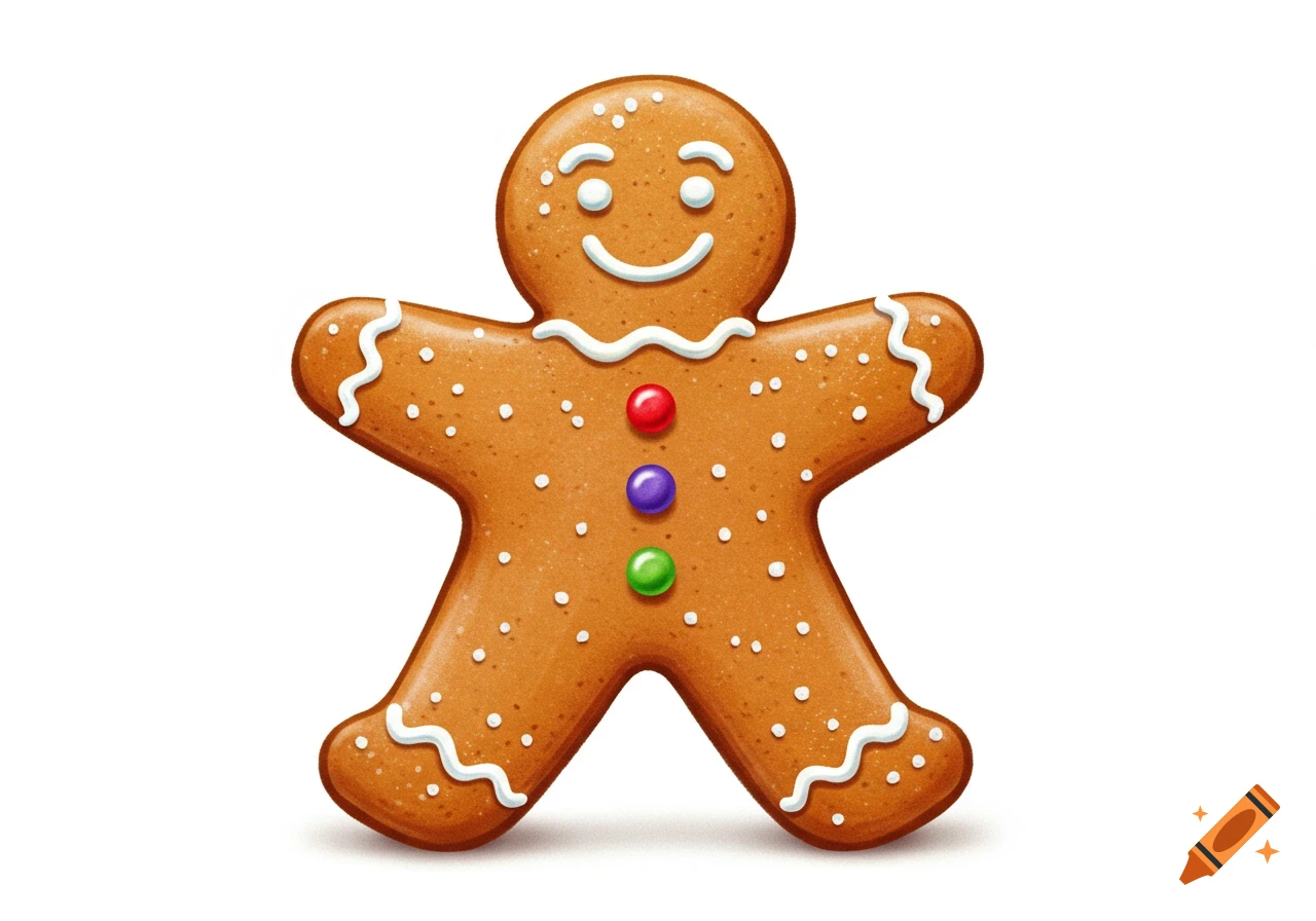A cartoon gingerbread man with white icing details and colorful candy buttons, on a white background.