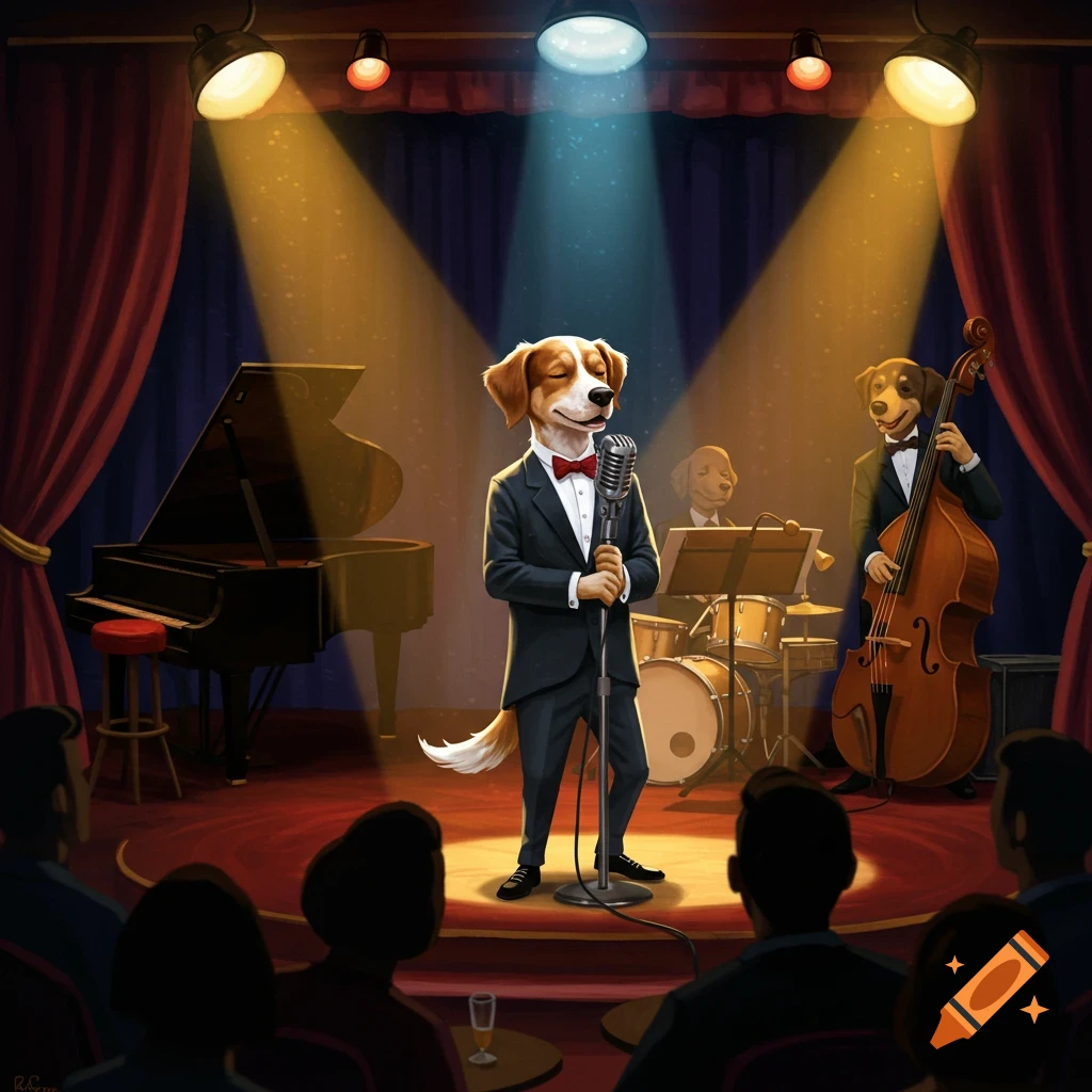 A charming anthropomorphic dog in a tuxedo sings on a jazz club stage, accompanied by a dog bassist and drummer, for an audience.