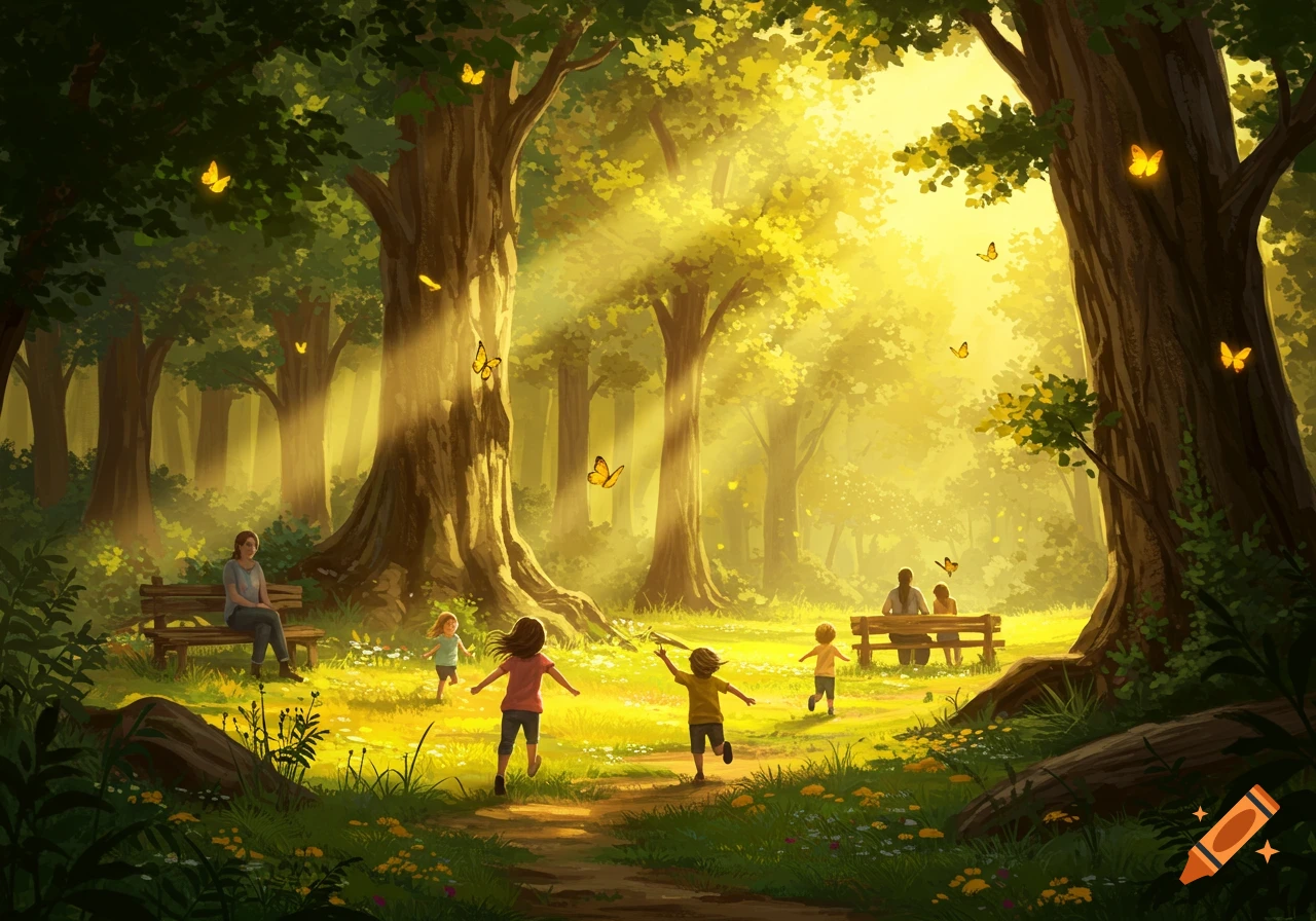 Illustration of children playing and adults resting in a sun-dappled green forest with glowing butterflies.