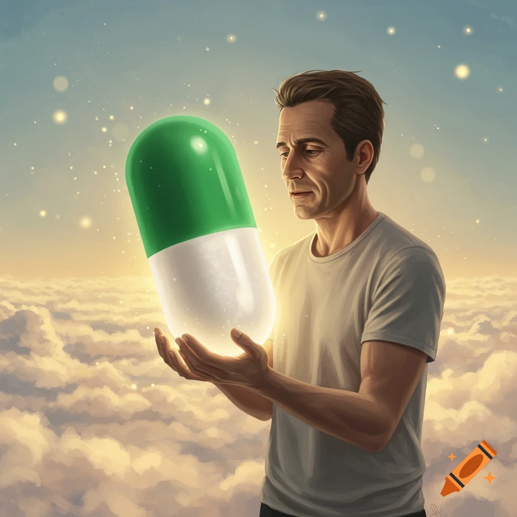 A man holds a giant glowing green and white pill like a baby above a dreamy cloudscape at sunset, with golden light and sparkling dust.