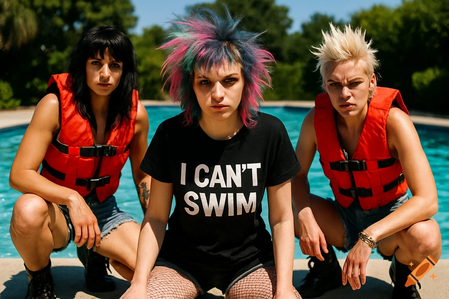 Three punk women with spiky hair and lifejackets pose by a pool. The central woman's shirt reads 'I CAN'T SWIM'.