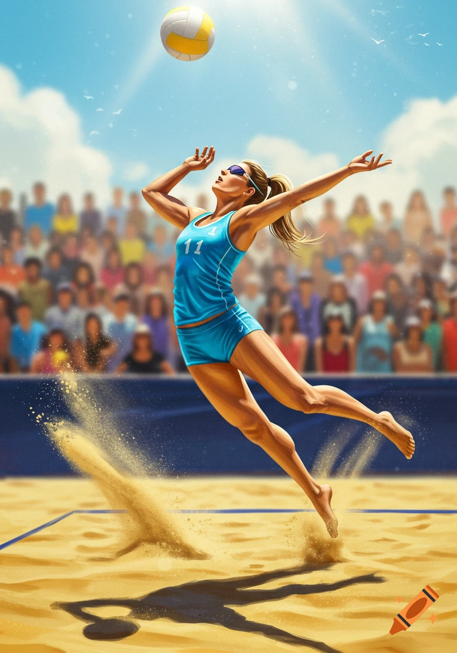 An illustration of a woman in blue spiking a volleyball on a sunny beach court, sand flying, with a blurred crowd.