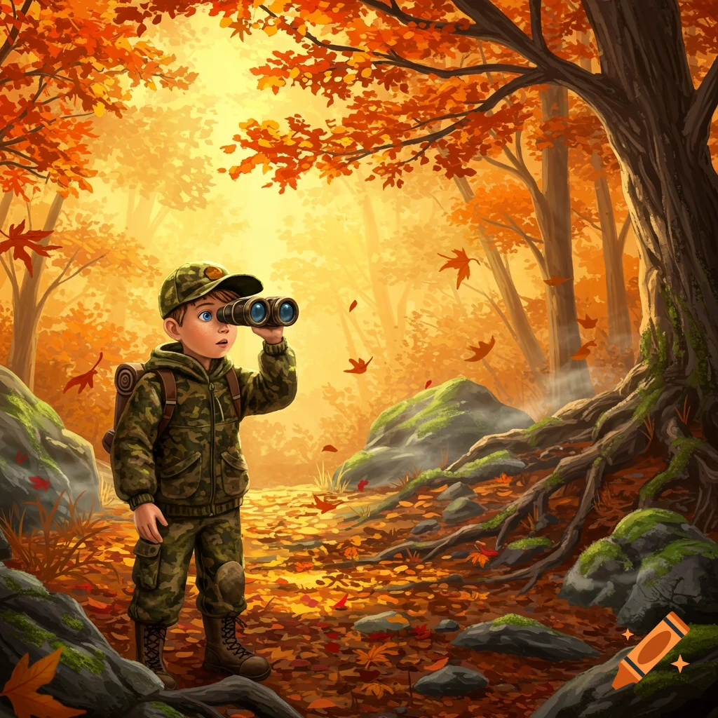 A cartoon illustration of a young boy in a camouflage outfit and cap, looking through binoculars in a vibrant autumn forest with orange and red leaves.