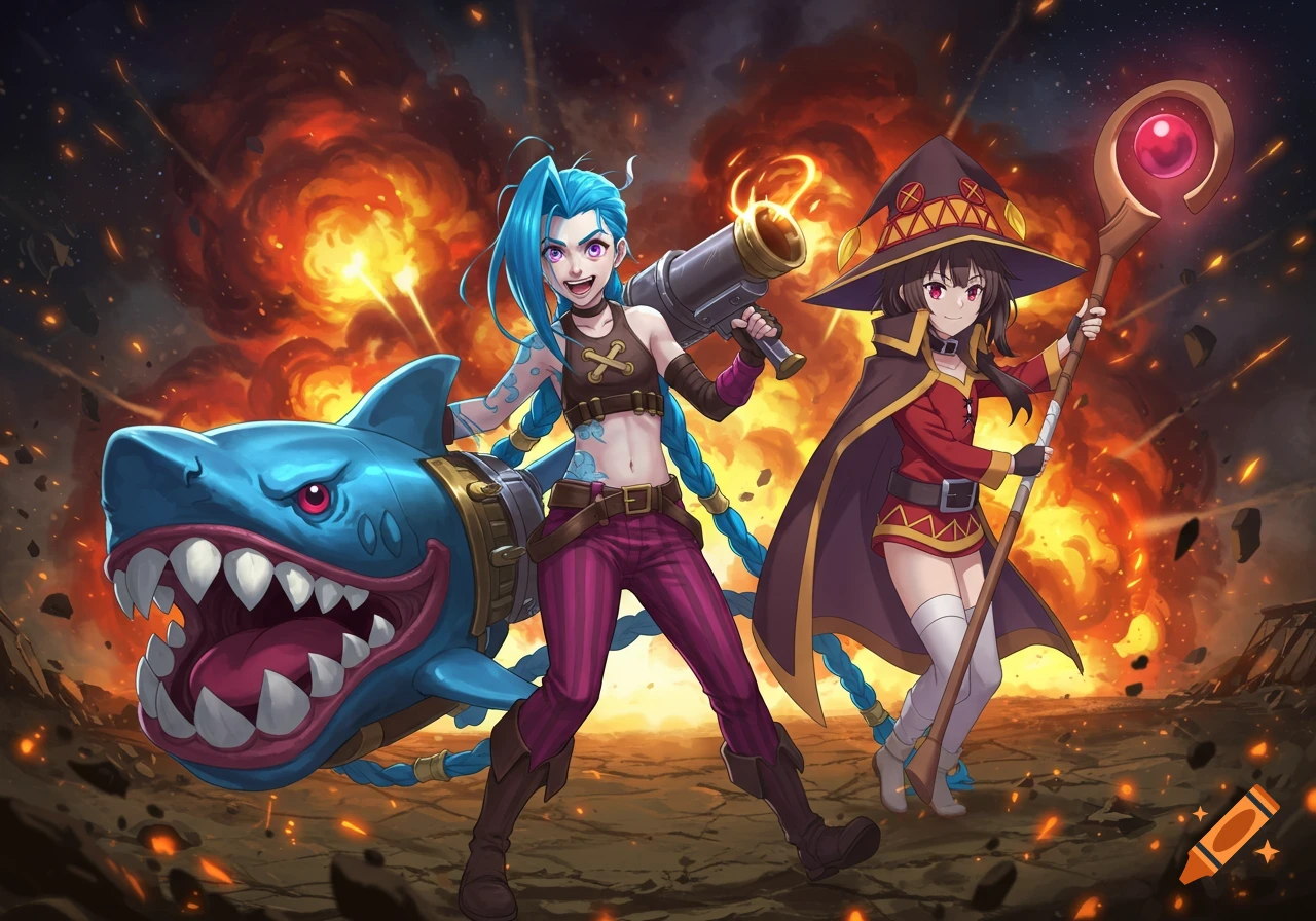 Anime-style illustration of Jinx from League of Legends and Megumin from Konosuba standing in front of fiery explosions, holding their weapons.