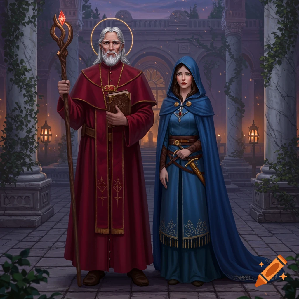 A stately holy man in a red cloak with a staff and book stands next to a woman in a blue hooded cloak with a dagger, in a fantasy setting with ornate architecture at twilight.