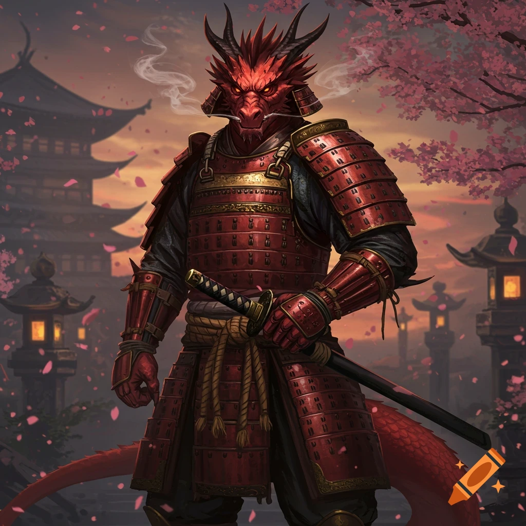 Red dragon-man in samurai armor holds a katana in a Japanese temple courtyard with cherry blossoms.