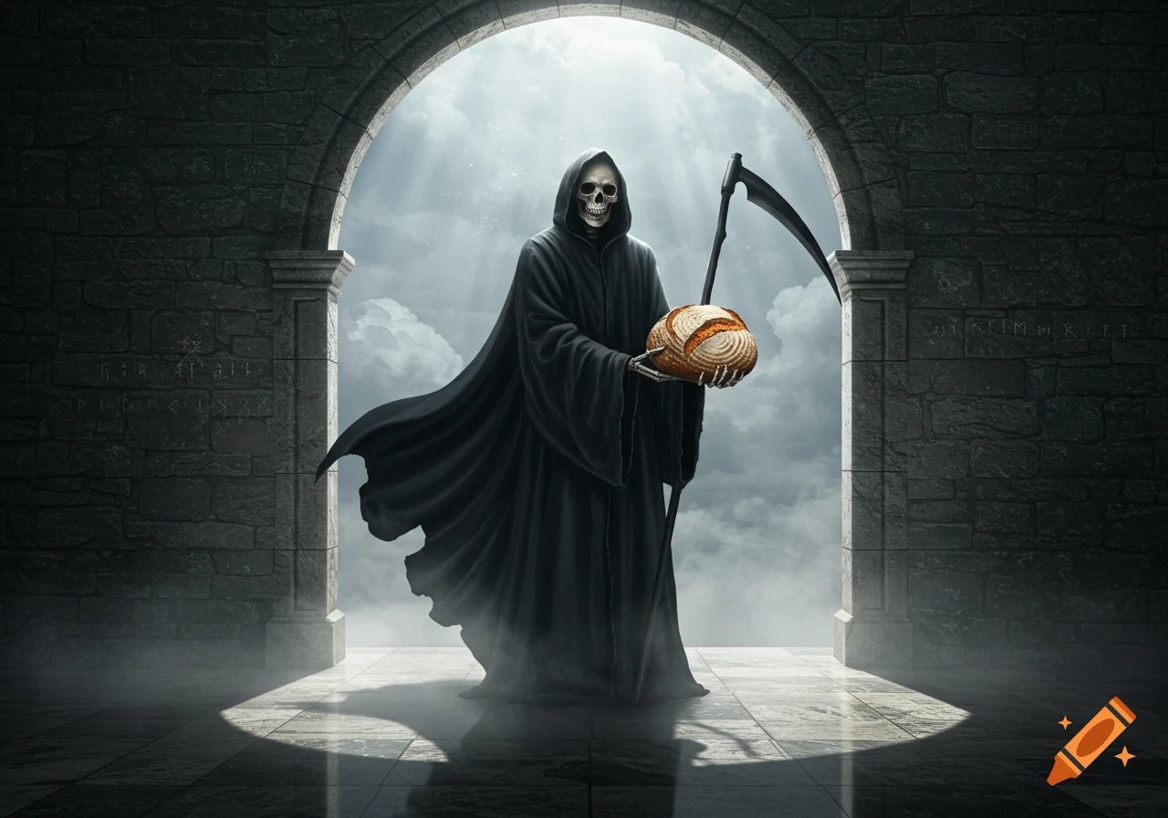 The Grim Reaper, a skeletal figure in a black cloak holding a scythe and a loaf of sourdough bread, stands in an arched stone doorway with light streaming in from behind.