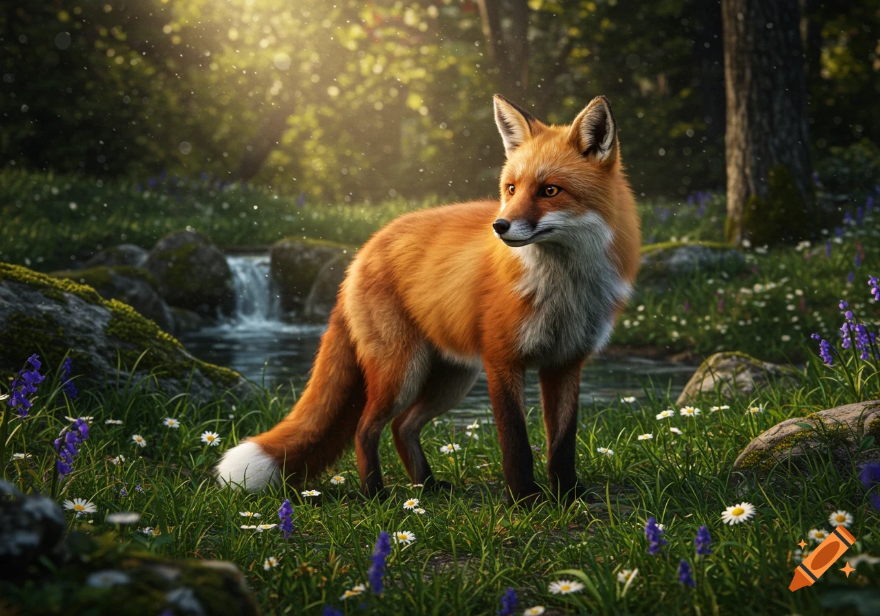 A photorealistic red fox stands in a sun-dappled forest with a stream and wildflowers.