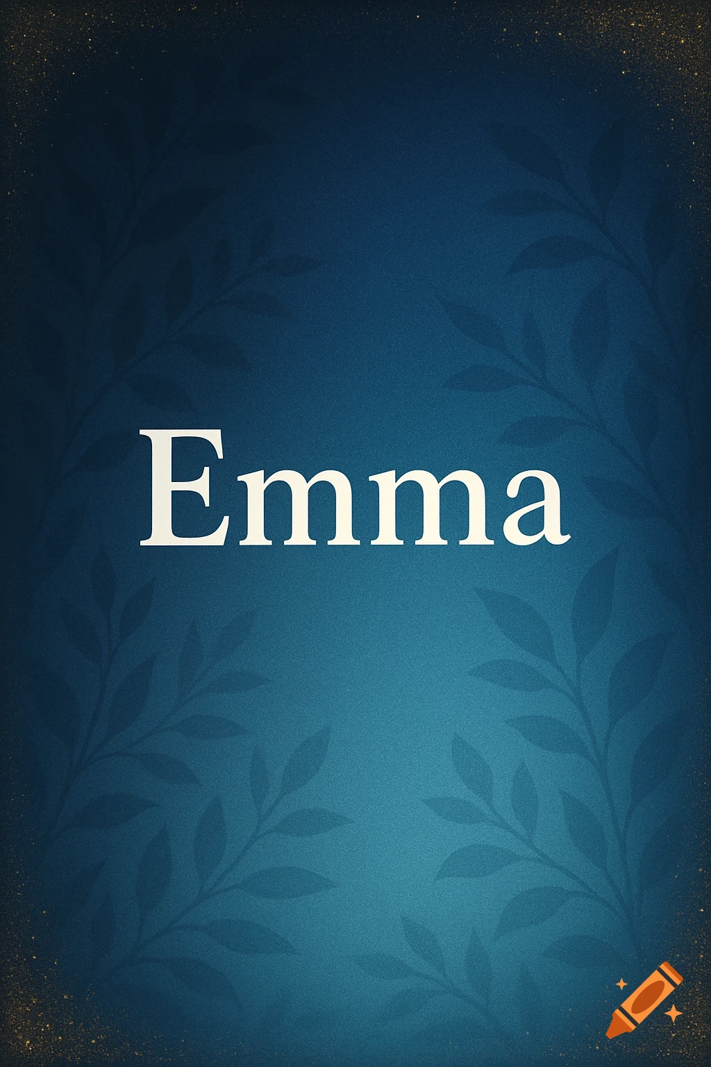 The name 'Emma' in white serif font on a dark blue gradient background with subtle leaf patterns and golden speckles.