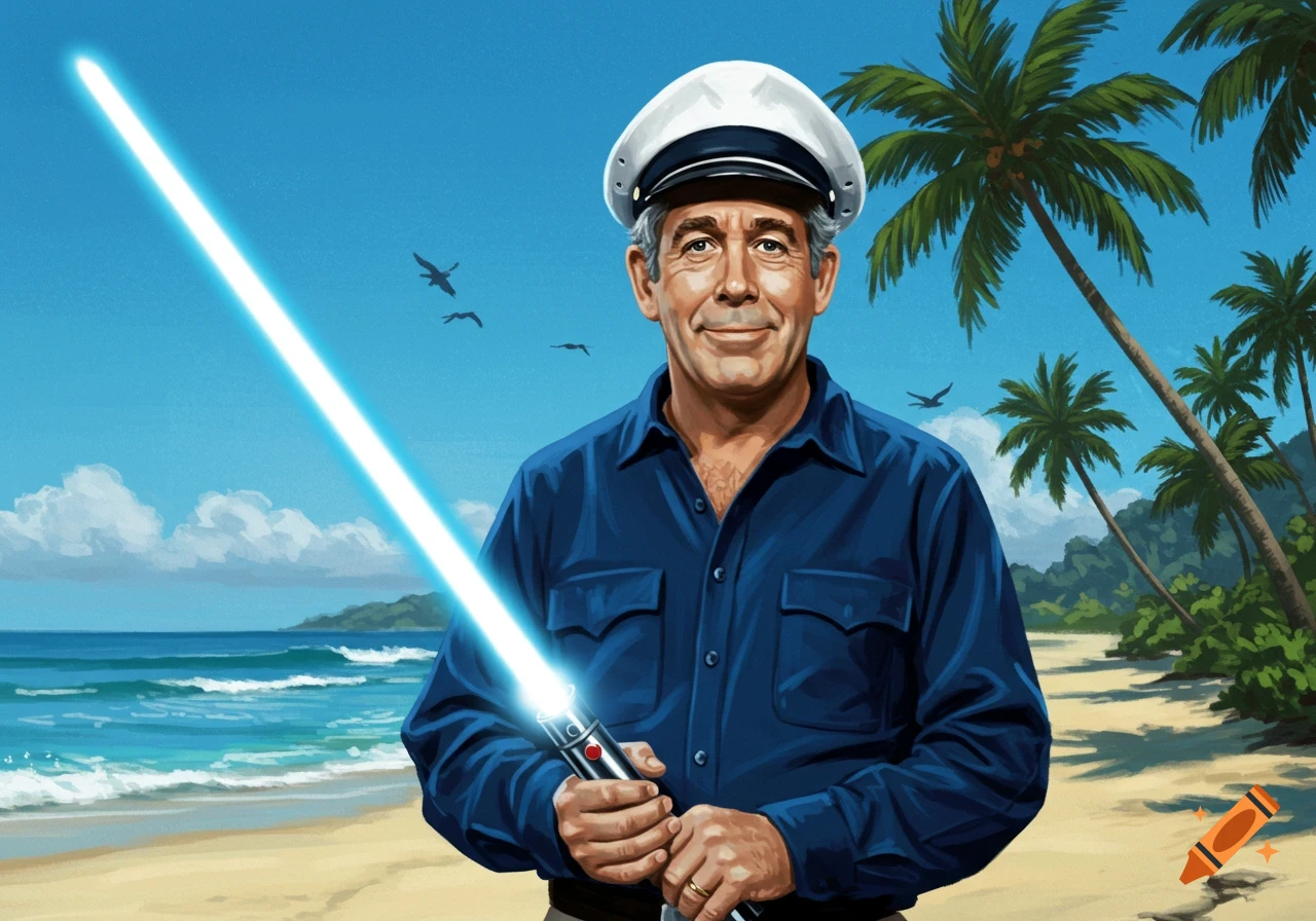 Illustration of the Skipper from Gilligan's Island holding a blue lightsaber on a tropical beach.