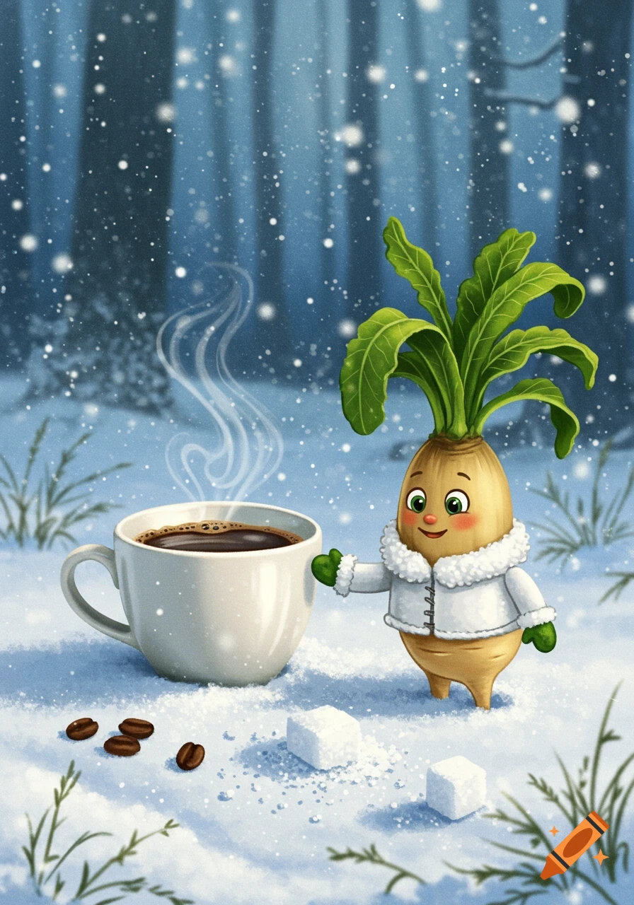 Cute cartoon root vegetable in a winter jacket warms hands by a steaming coffee cup in a snowy forest with coffee beans. Illustration.