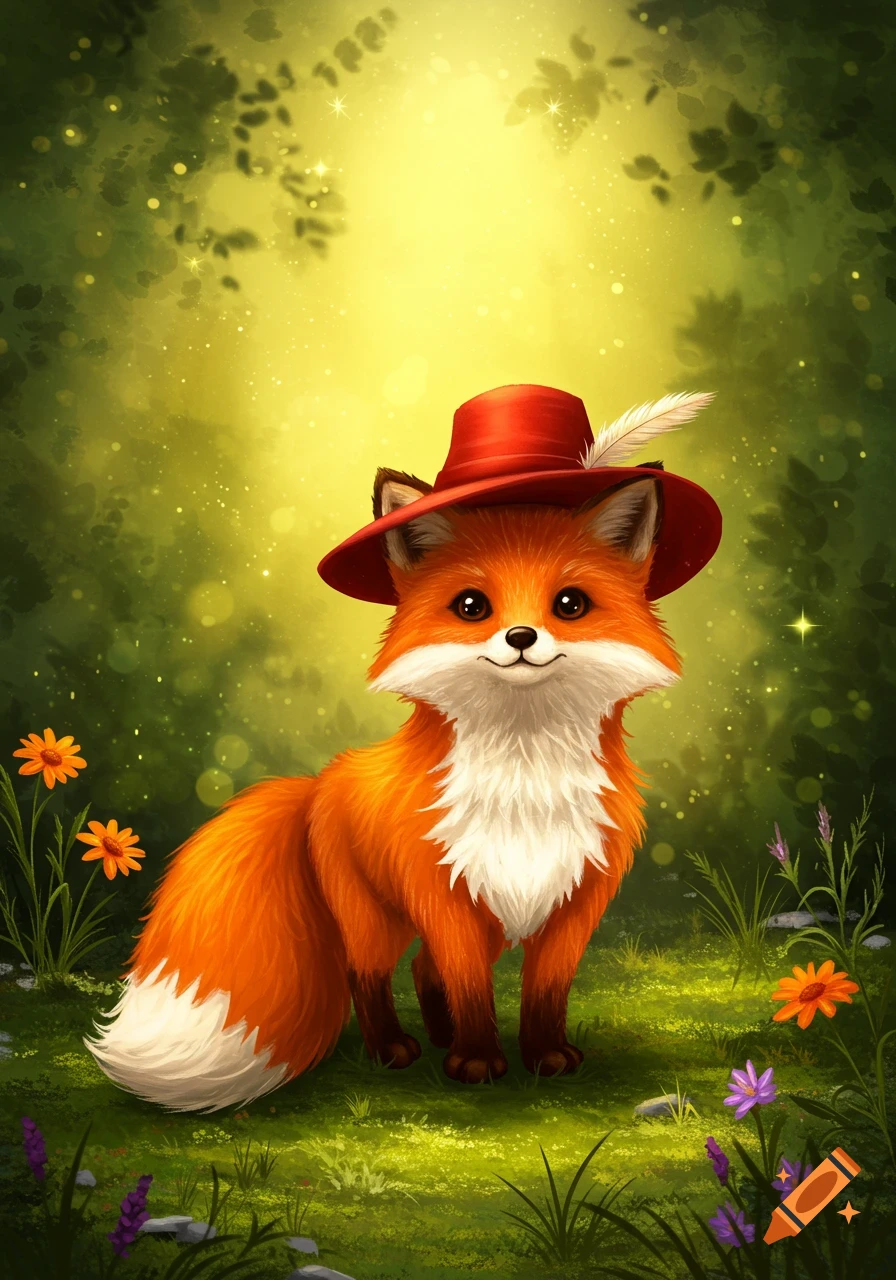 A cute, smiling fox wearing a red hat with a feather stands in a magical, sparkling green forest with flowers.