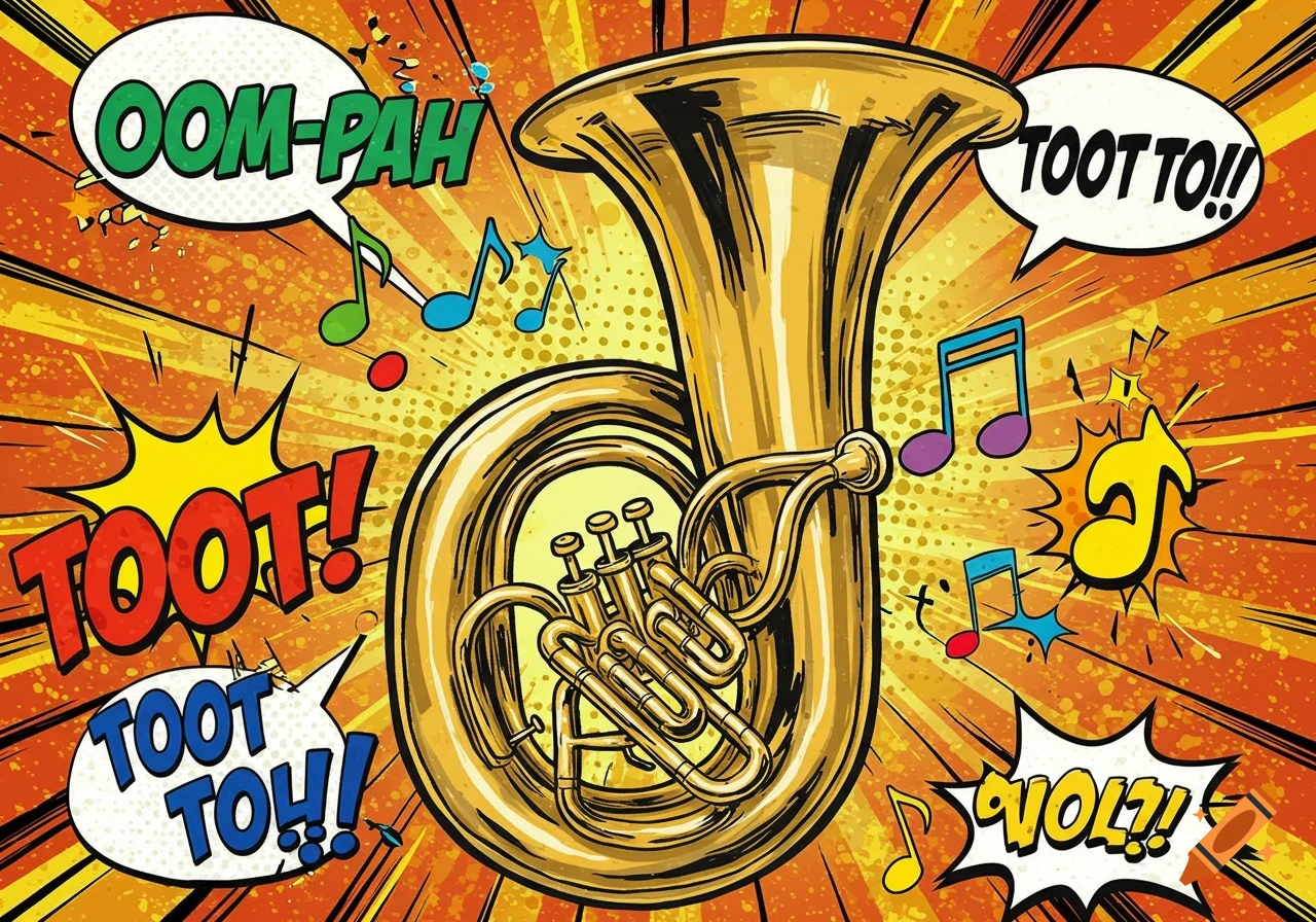 Comic art illustration of a golden tuba surrounded by colorful musical notes and sound effect speech bubbles.