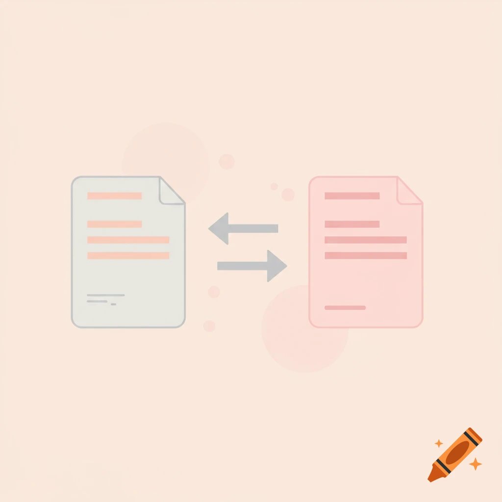 A minimalist illustration of two documents, one light grey and one light pink, with double-ended arrows between them, symbolizing translation or data transfer.