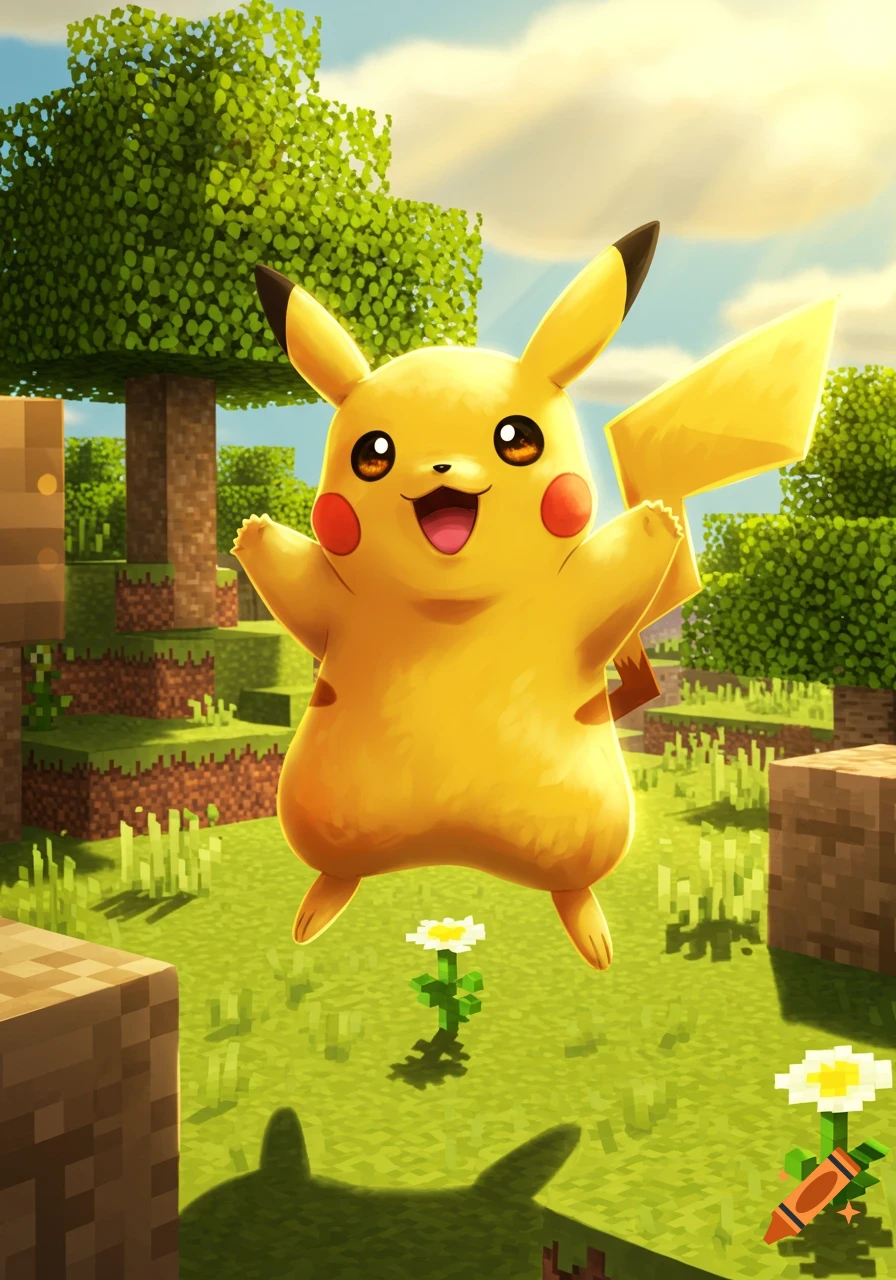 Pikachu floats happily in a blocky, sunlit Minecraft world with pixelated trees and flowers.