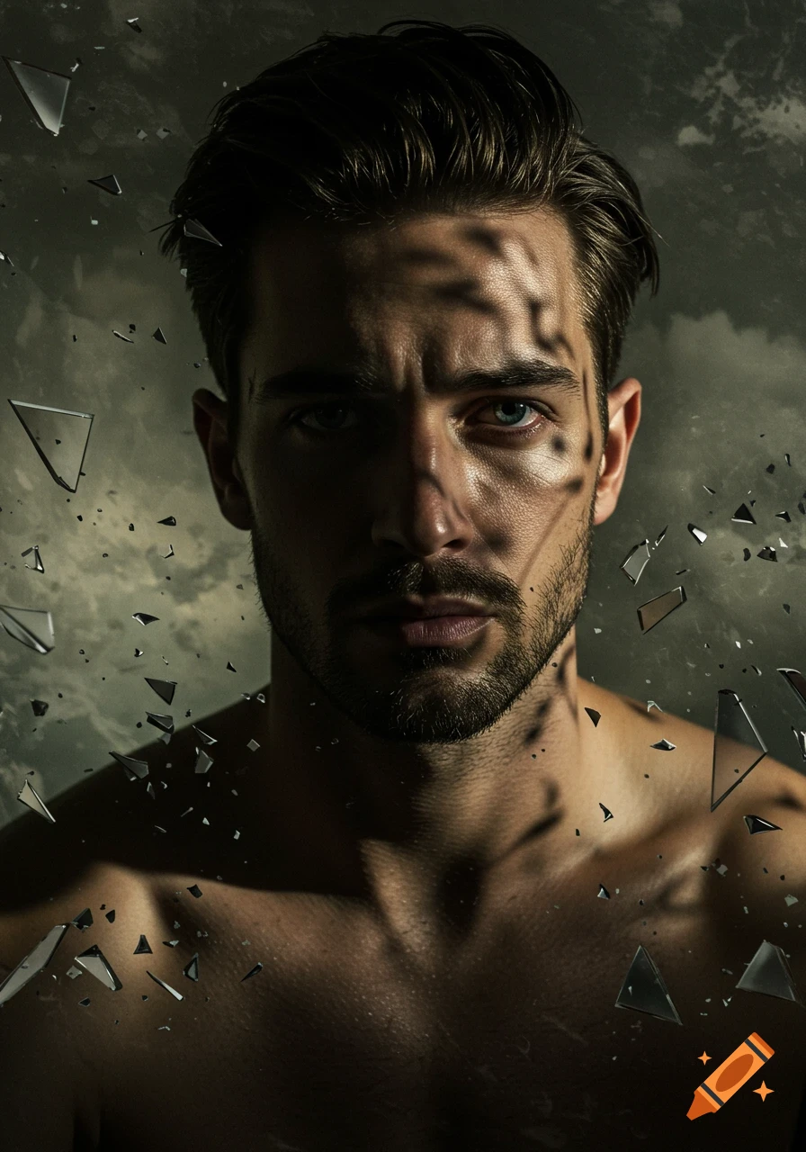 Close-up of a man with dark hair and beard, with shadows on his face and shattered glass shards around him. Photorealistic.