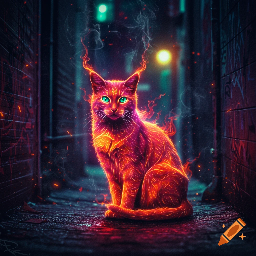A glowing red and orange flaming cat with bright green eyes sits in a dark, graffiti-filled alleyway.