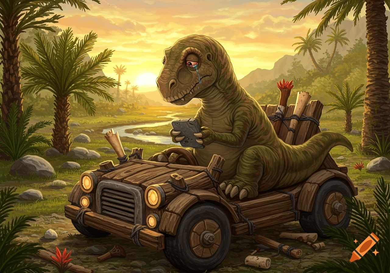 A sad cartoon dinosaur drives a rustic wooden car, staring at a caveman mobile in a prehistoric landscape at sunset.