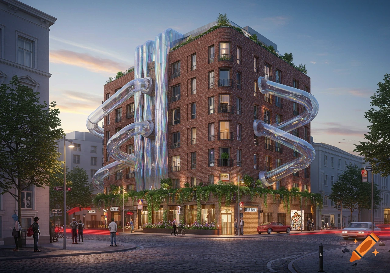 A photorealistic image of a futuristic brick building with large clear slides on its exterior, situated on a bustling city street at dusk.