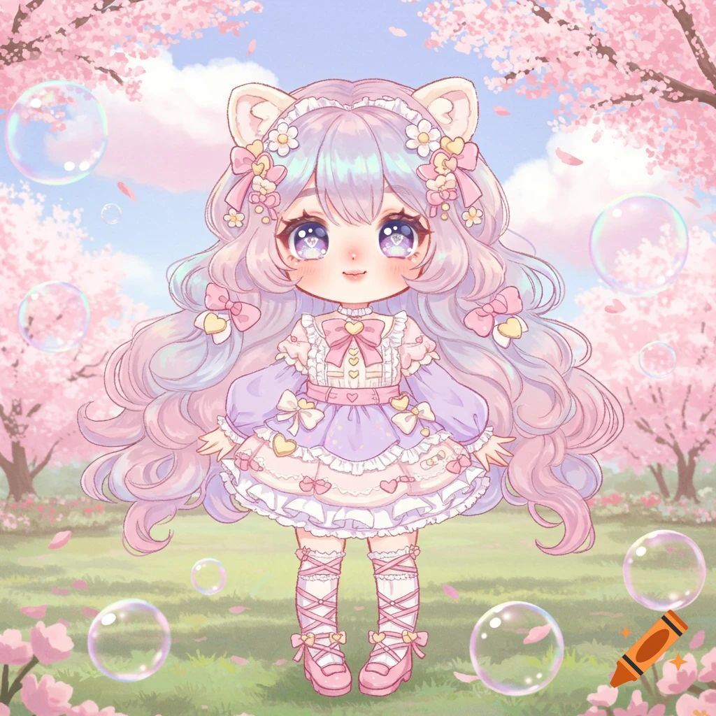 Chibi anime girl with pastel hair and cat ears in a frilly dress stands in a cherry blossom field with bubbles.